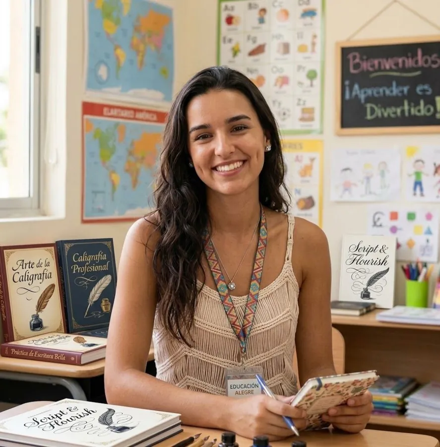 Maestra sonriendo en su salón de clases con libros y una libreta